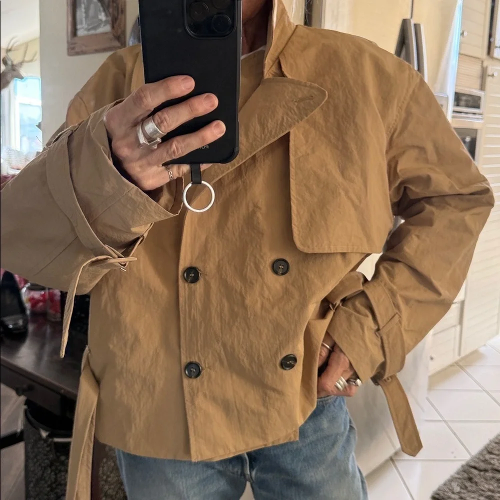 The perfect belted cropped nylon trench coat Tan Double-Breasted oversized